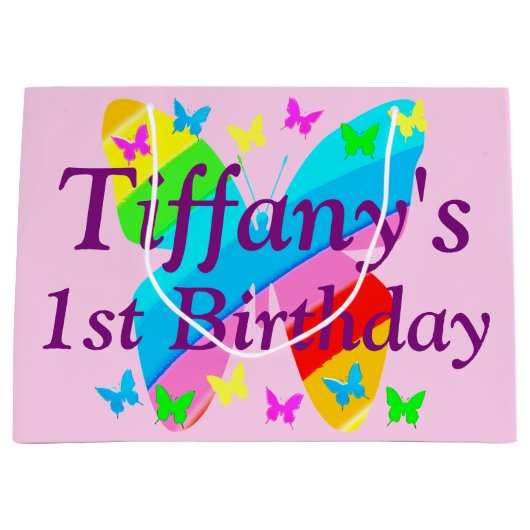 第1誕生日バタフライパーソナライズされた抱き枕 ラージペーパーバッグ (正面)