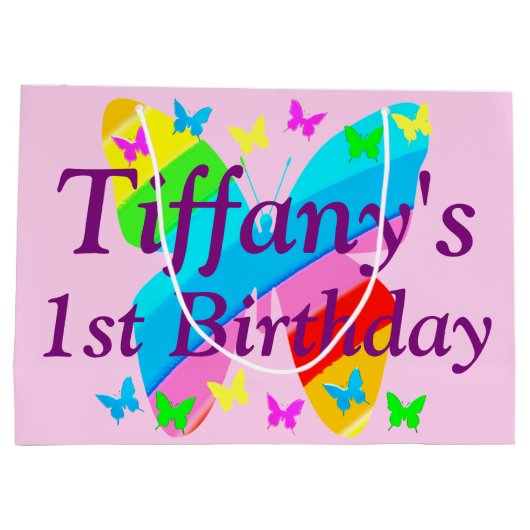 第1誕生日バタフライパーソナライズされた抱き枕 ラージペーパーバッグ (裏面)