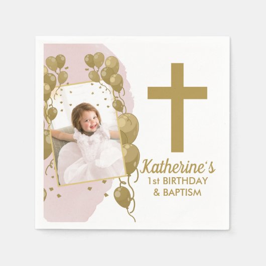 第1誕生日バプテスピンク金ゴールドバルーン写真 スタンダードカクテルナプキン (正面)