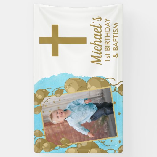 第1誕生日バプテスマ第1金ゴールドバルーン写真 横断幕 (縦)