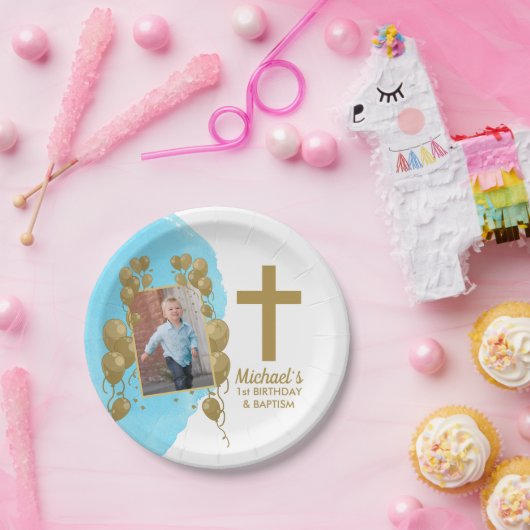 第1誕生日バプテスマ金ゴールドバルーン写真 ペーパープレート (パーティー)