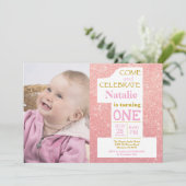 第1誕生日バラ金ゴールドグリッターとピンク写真 招待状 (スタンド正面)