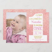 第1誕生日バラ金ゴールドグリッターとピンク写真 招待状 (正面/裏面)