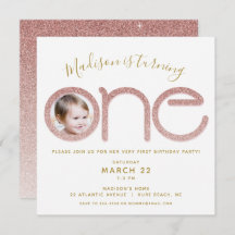 第1誕生日バラ金ゴールドグリッターフォト招待状