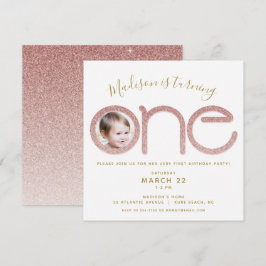 第1誕生日バラ金ゴールドグリッターフォト招待状 招待状