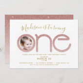 第1誕生日バラ金ゴールドグリッター写真 招待状 (正面/裏面)