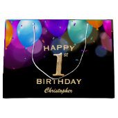 第1誕生日パーティーの黒と金ゴールドの吹き出し ラージペーパーバッグ (正面)