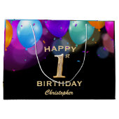 第1誕生日パーティーの黒と金ゴールドの吹き出し ラージペーパーバッグ (裏面)