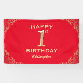 第1誕生日パーティー赤と金ゴールドグリッター枠 横断幕 (横)