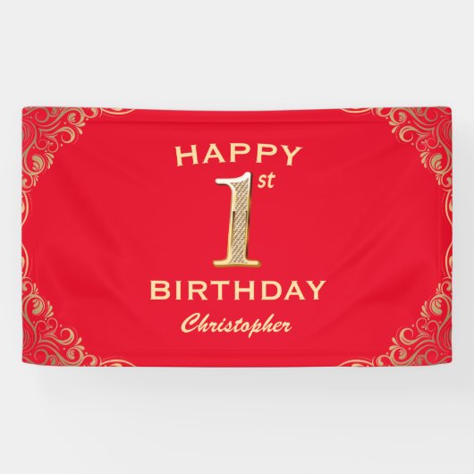 第1誕生日パーティー赤と金ゴールドグリッター枠 横断幕 (横)