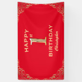 第1誕生日パーティー赤と金ゴールドグリッター枠 横断幕 (縦)