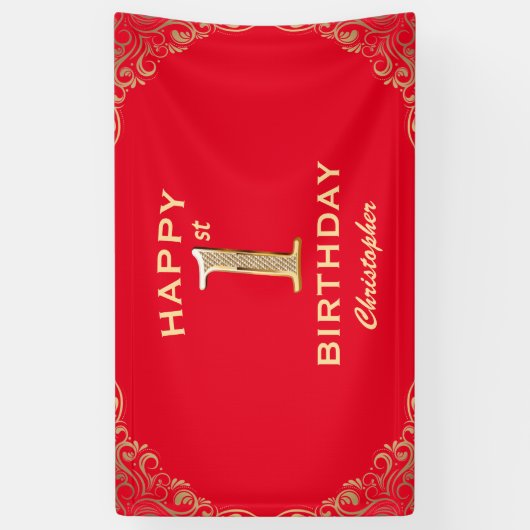 第1誕生日パーティー赤と金ゴールドグリッター枠 横断幕 (縦)