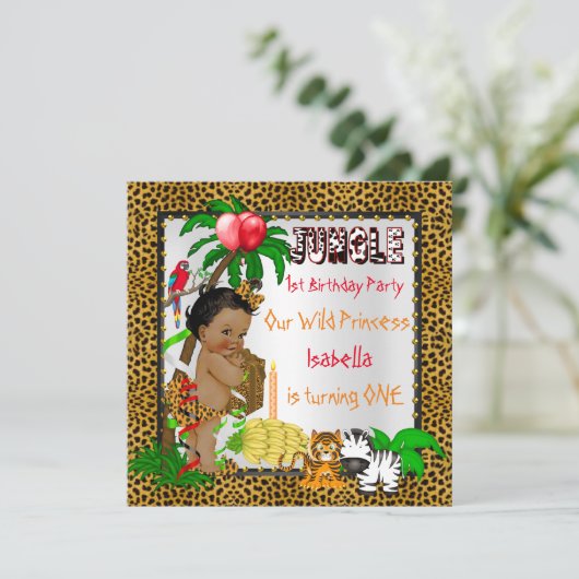 第1誕生日ヒョウのジャングルサファリワイルドエスニック 招待状 (スタンド正面)