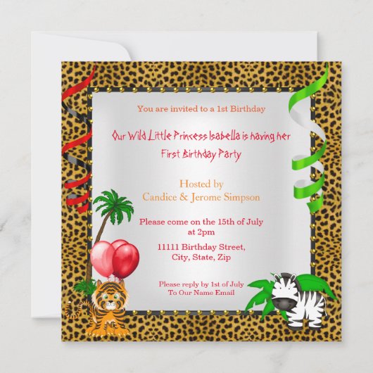 第1誕生日ヒョウのジャングルサファリワイルドエスニック 招待状 (裏面)