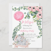 第1誕生日ピンクバルーンユーカリプトゥスゾウ 招待状 (正面)