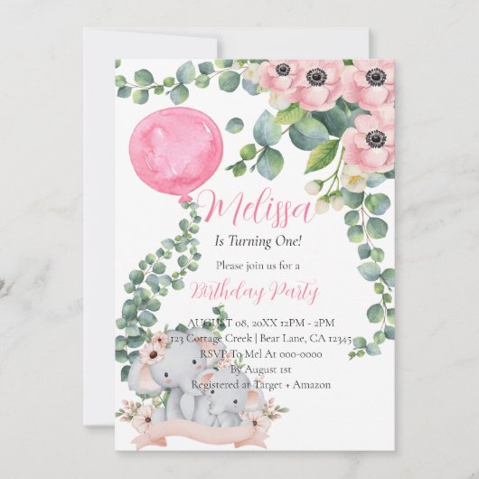 第1誕生日ピンクバルーンユーカリプトゥスゾウ 招待状 (正面)