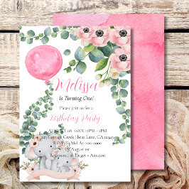 第1誕生日ピンクバルーンユーカリプトゥスゾウ 招待状