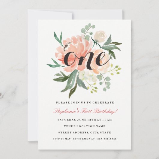 第1誕生日ピンクピーチフローラワン招待状 招待状 (正面)