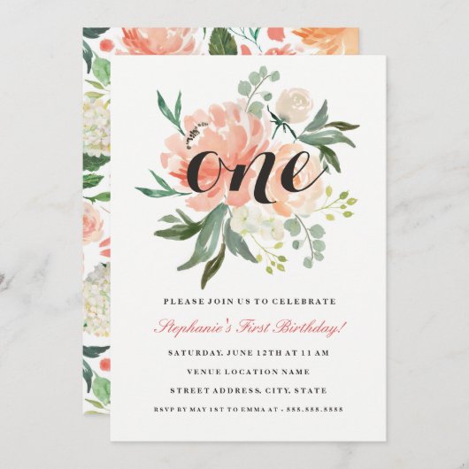 第1誕生日ピンクピーチフローラワン招待状 招待状 (正面/裏面)