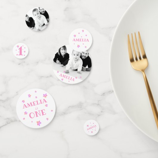 第1誕生日ピンクフォトバースデーパーティー コンフェッティ (グループ)