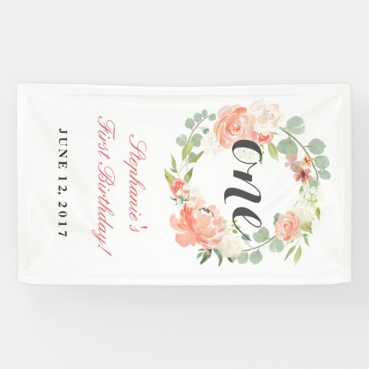 第1誕生日ピンクフローラリースワンバナー 横断幕 (横)