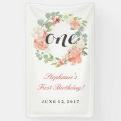 第1誕生日ピンクフローラリースワンバナー 横断幕 (縦)
