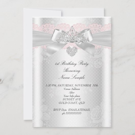 第1誕生日ピンクホワイトレースダイヤモンドティアラ2 招待状 (裏面)