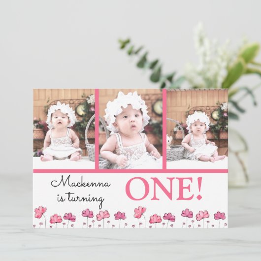 第1誕生日ピンク水彩写真コラージュ 招待状 (スタンド正面)