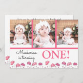 第1誕生日ピンク水彩写真コラージュ 招待状 (正面/裏面)
