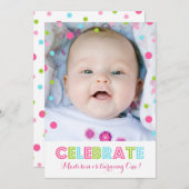 第1誕生日ピンク紙吹雪フォト招待状 招待状 (正面/裏面)