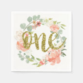 第1誕生日ピンク金ゴールドフローラリースナプキン スタンダードカクテルナプキン (正面)