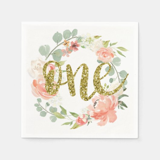 第1誕生日ピンク金ゴールドフローラリースナプキン スタンダードカクテルナプキン (正面)