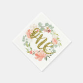 第1誕生日ピンク金ゴールドフローラリースナプキン スタンダードカクテルナプキン (角)