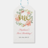 第1誕生日ピンク金ゴールドフローラリースラベル ギフトタグ (正面)