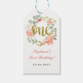 第1誕生日ピンク金ゴールドフローラリースラベル ギフトタグ