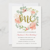 第1誕生日ピンク金ゴールドフローラリース招待状 招待状 (正面)