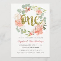 第1誕生日ピンク金ゴールドフローラリース招待状