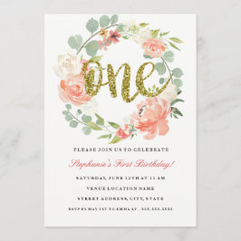 第1誕生日ピンク金ゴールドフローラリース招待状 招待状
