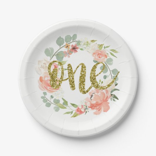 第1誕生日ピンク金ゴールドフローラリース紙プレート ペーパープレート (正面)