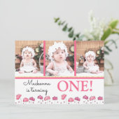 第1誕生日ピンク金ゴールドフローラ写真コラージュ 招待状 (スタンド正面)