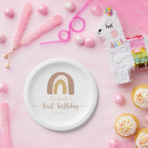 第1誕生日ピンク金ゴールドミニマリストレインボー ペーパープレート