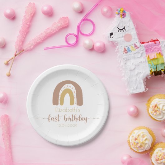 第1誕生日ピンク金ゴールドミニマリストレインボー ペーパープレート (パーティー)