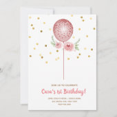 第1誕生日ピンク&金ゴールドバルーン 招待状 (正面)