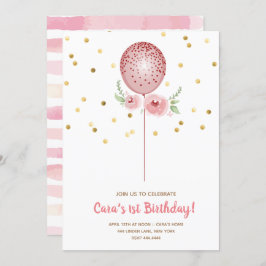 第1誕生日ピンク&金ゴールドバルーン 招待状