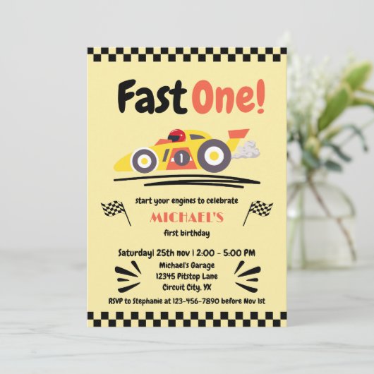 第1誕生日ファーストワンイエローヴィンテージレースカー 招待状 (スタンド正面)