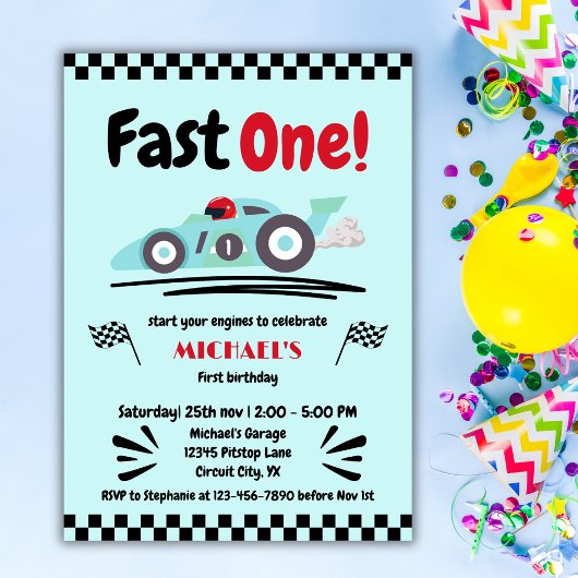 第1誕生日ファーストワンヴィンテージブルーレースカー 招待状