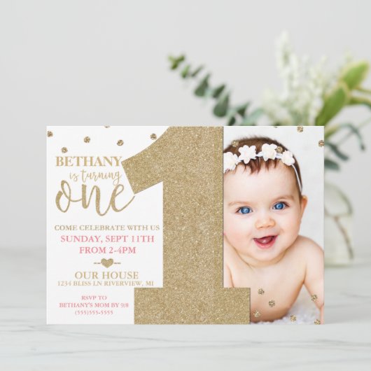 第1誕生日フェイク金ゴールドグリッター&ピンク招待状 招待状 (スタンド正面)