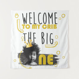 第1誕生日フォト白黒イエローウェルカム タペストリー