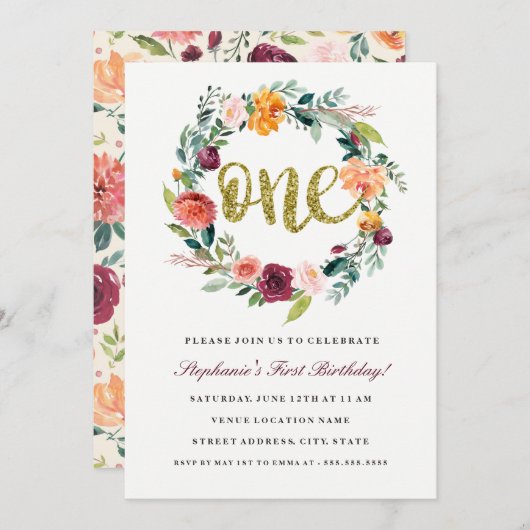 第1誕生日ブルゴーニュ金ゴールドフローラリース招待状 招待状 (正面/裏面)