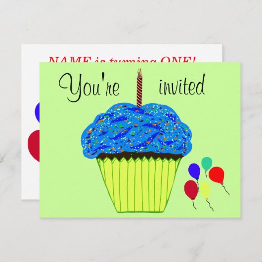 第1誕生日ブルーカップケーキバルーン招待状 招待状 (正面/裏面)